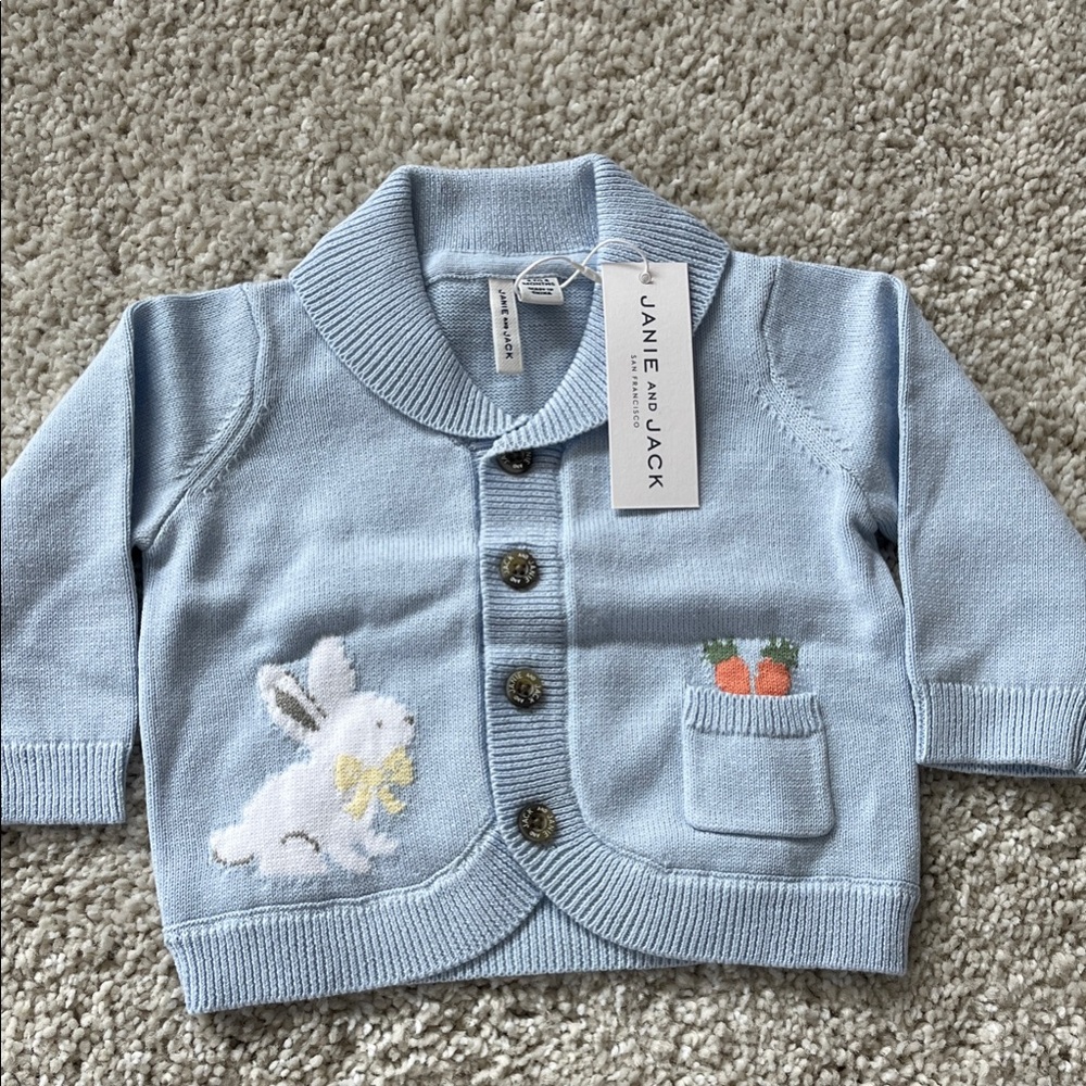 Janie and Jack Light Blue Cardigan with Bunny and Carrot Design